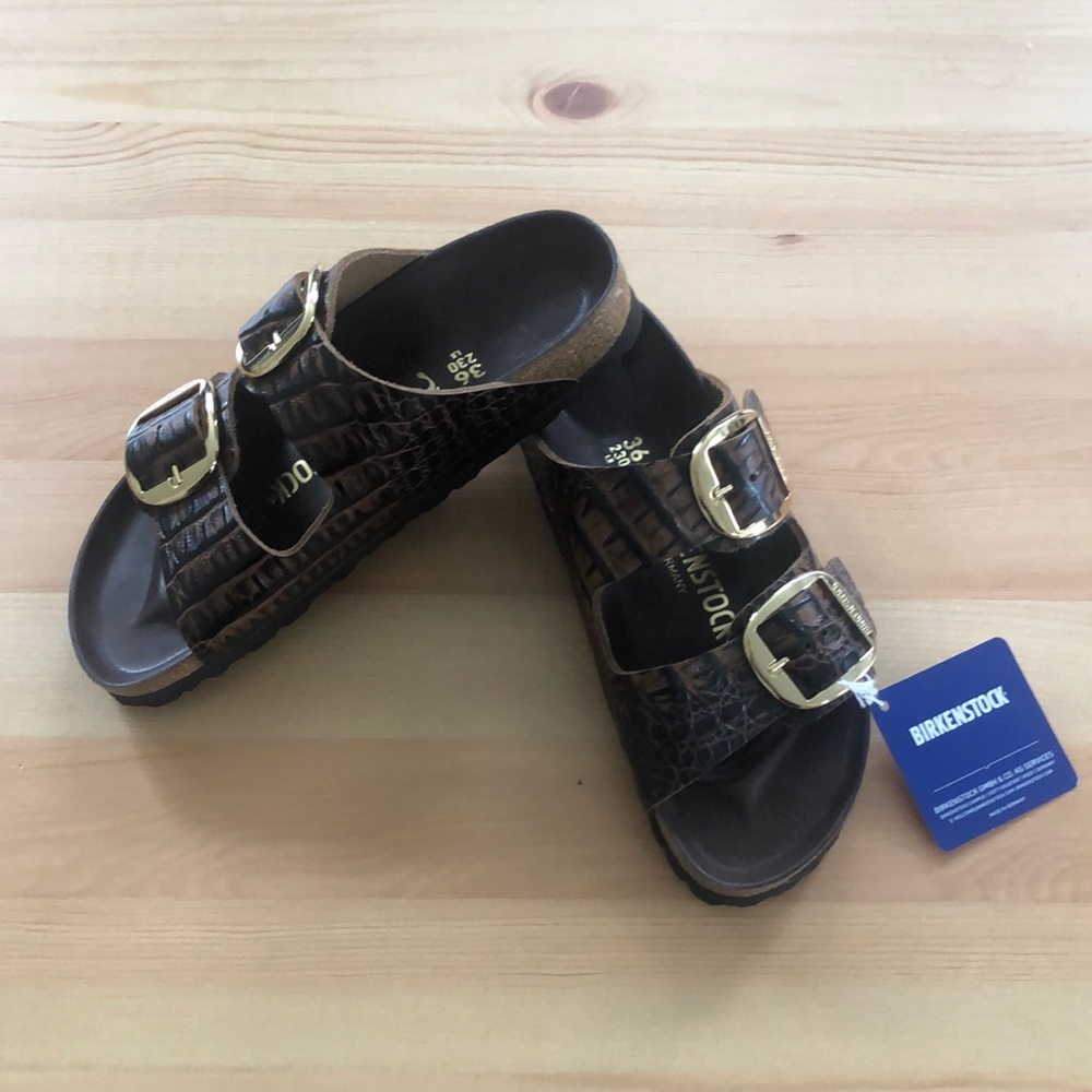 Birkenstock Brown Crocodile Print Leather Sandals